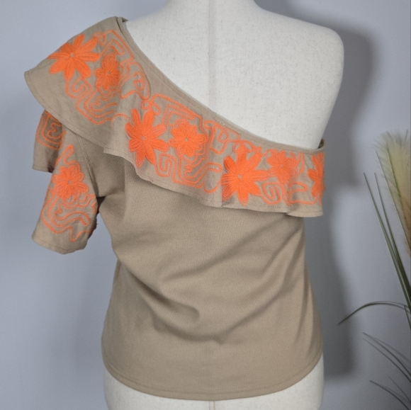 Anthropologie, New, Dolan Linen Blend Rib Knit Embroidered Ruffle Top Size XL - Picture 7 of 14